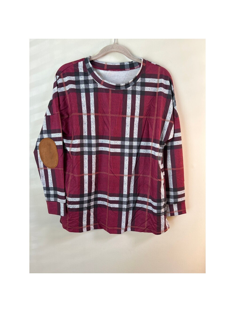Women's Small Burgundy Plaid Tunic Top Pockets Elbow Patch Long Sleeve